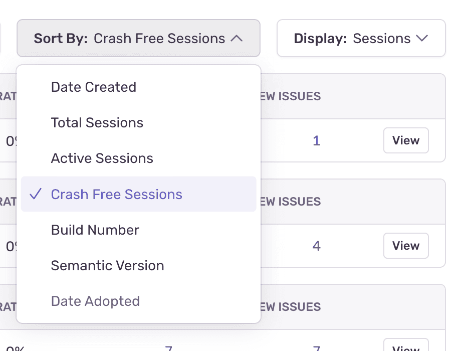 Sort By: Crash Free Sessions dropdown