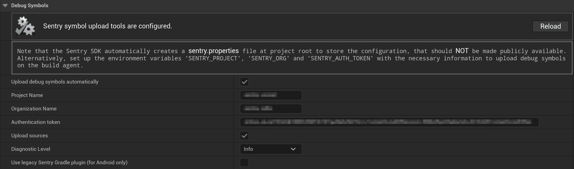 The Unreal Engine debug symbols upload configuration